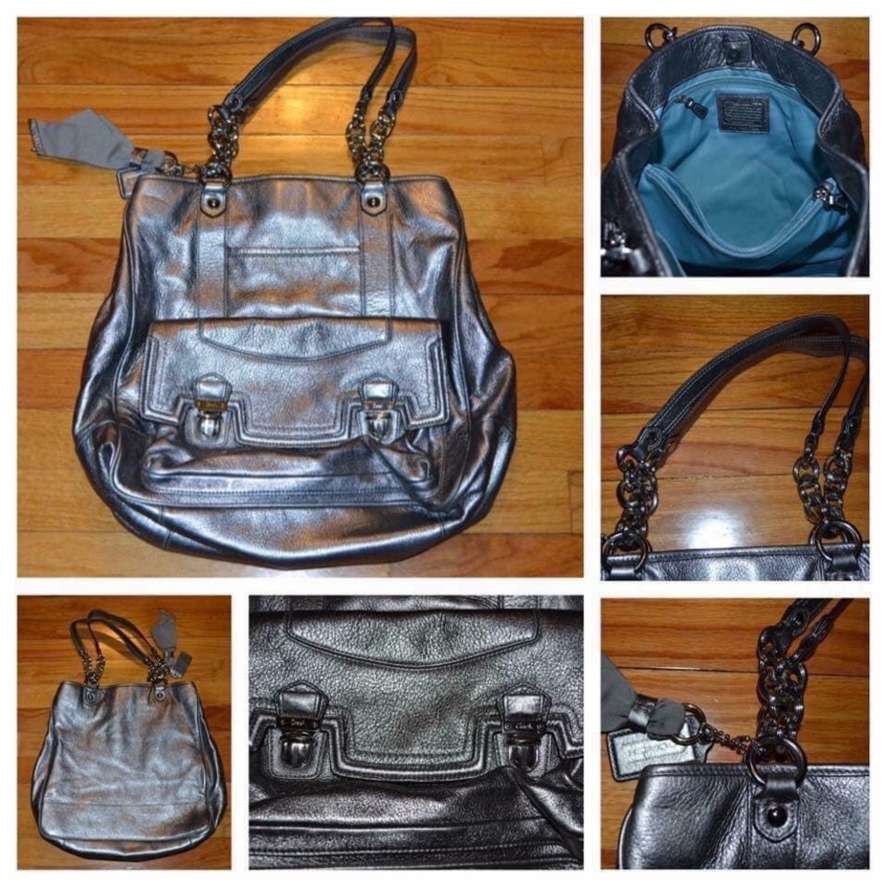 Extra-large (14"x16") pewter leather Coach hobo handbag